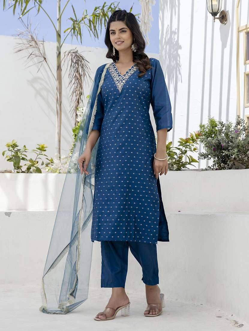 women self design blue kurta dupatta set - 22440270 -  Standard Image - 2