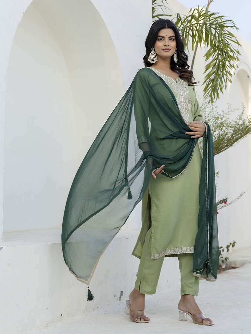 women solid with work three quarter sleeve kurta pant with dupatta set - 22440273 -  Standard Image - 2