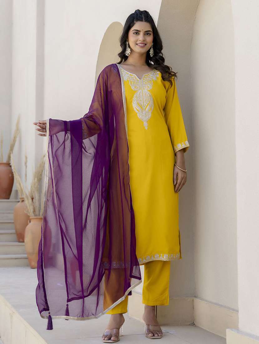 women solid with work three quarter sleeve kurta pant with dupatta set