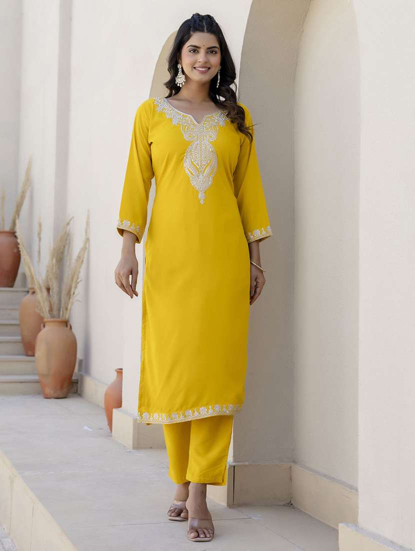 women solid with work three quarter sleeve kurta pant with dupatta set - 22440274 -  Standard Image - 2