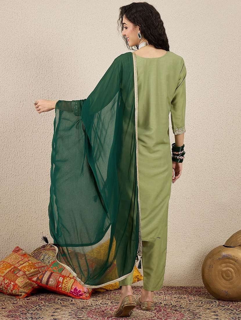 women solid with work three quarter sleeve kurta pant with dupatta set - 22440276 -  Standard Image - 2