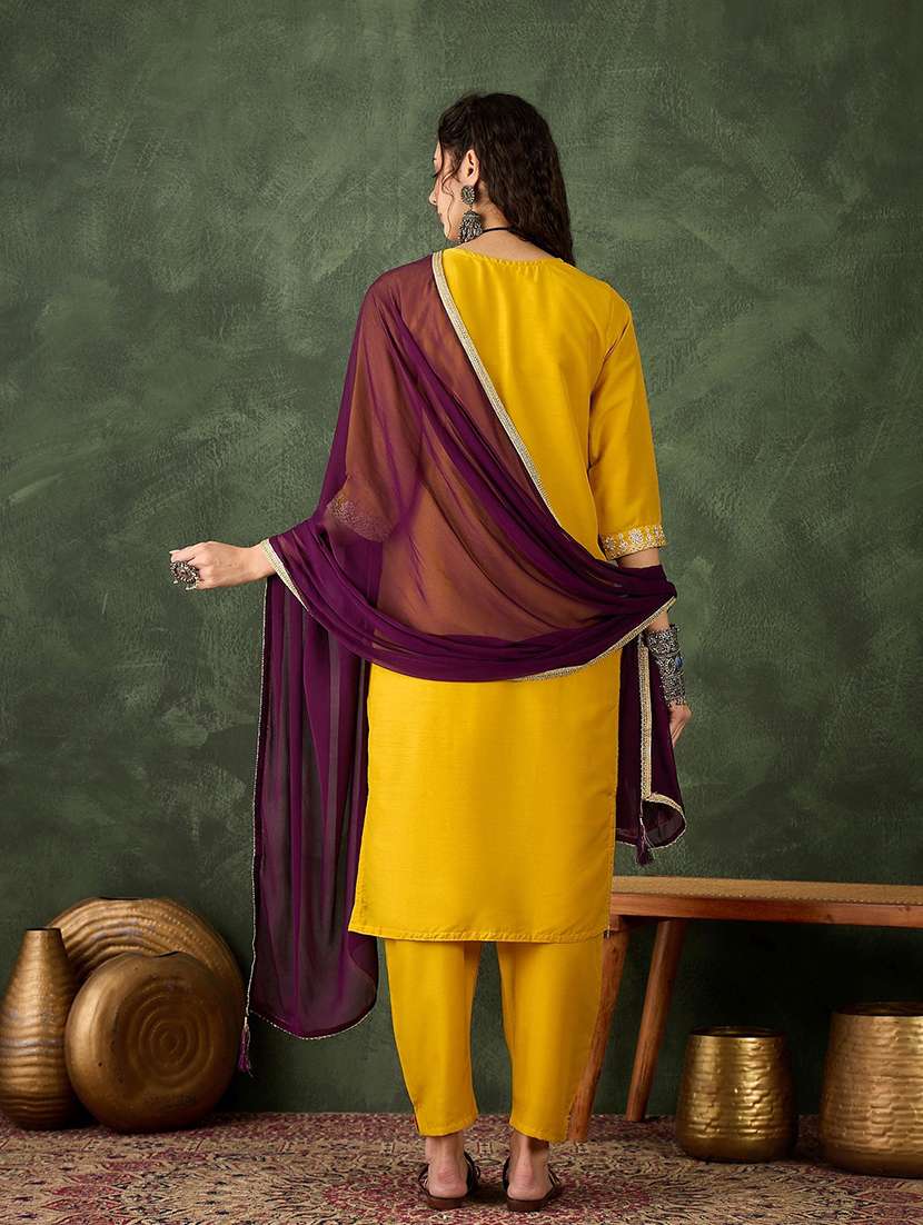 women solid with work three quarter sleeve kurta pant with dupatta set - 22440277 -  Standard Image - 2