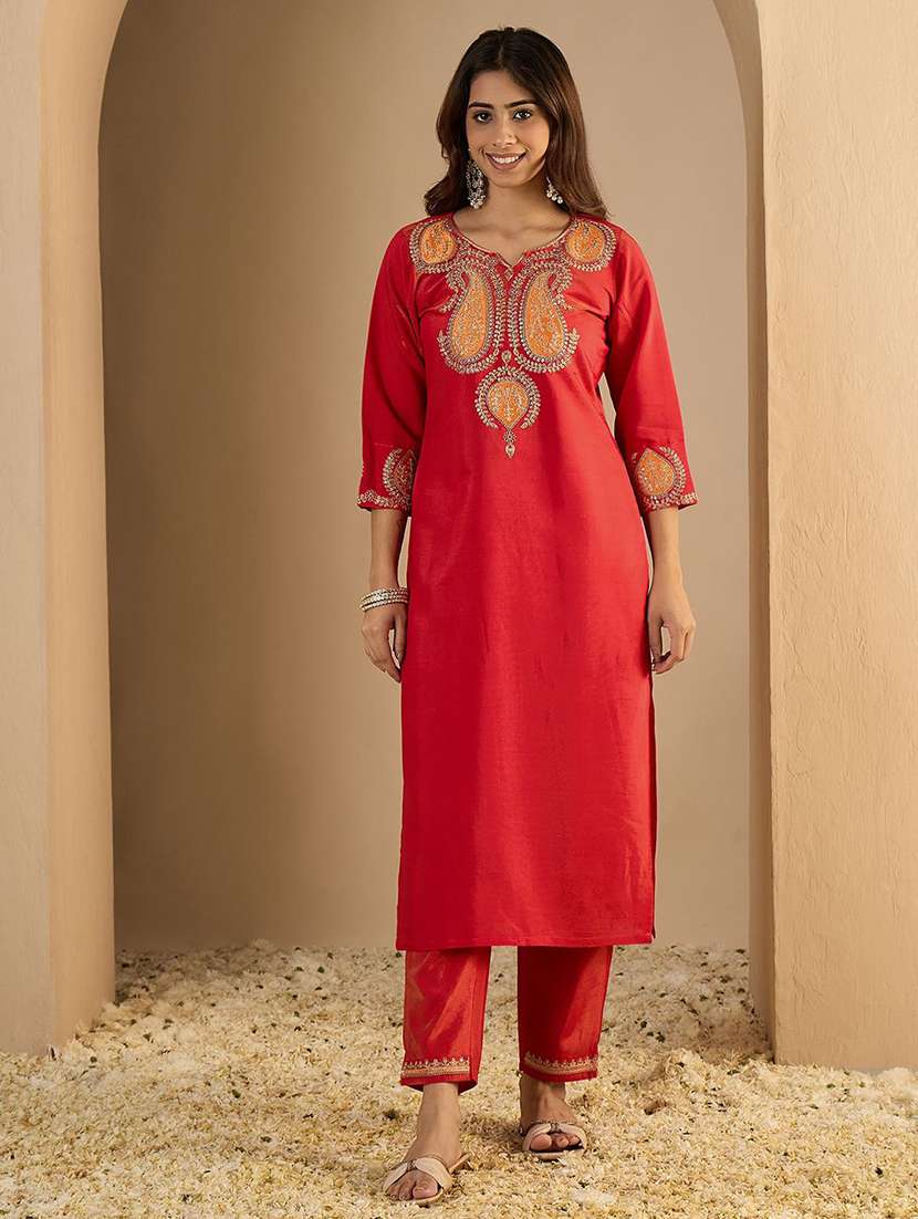 women solid with work three quarter sleeve kurta pant with dupatta set - 22440279 -  Standard Image - 2