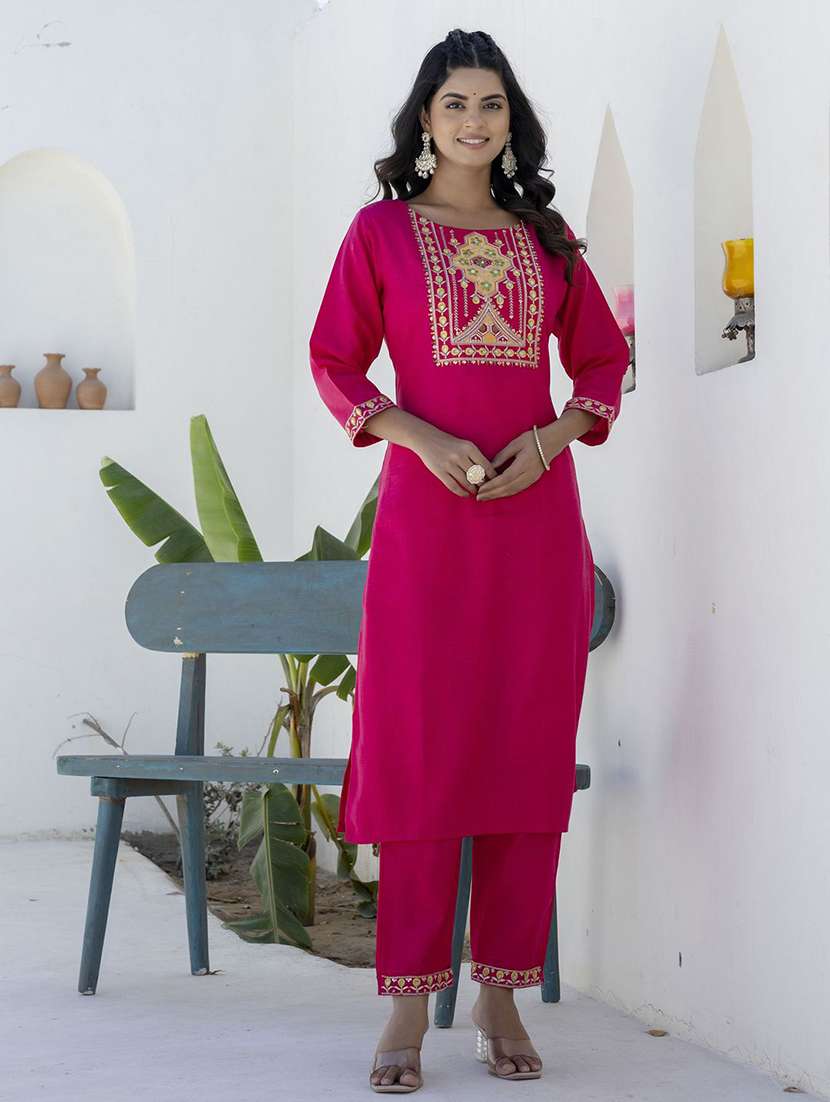 women solid with work three quarter sleeve kurta pant with dupatta set - 22440283 -  Standard Image - 2