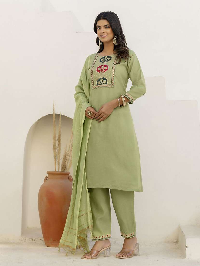 women solid with work three quarter sleeve kurta pant with dupatta set - 22440284 -  Standard Image - 2