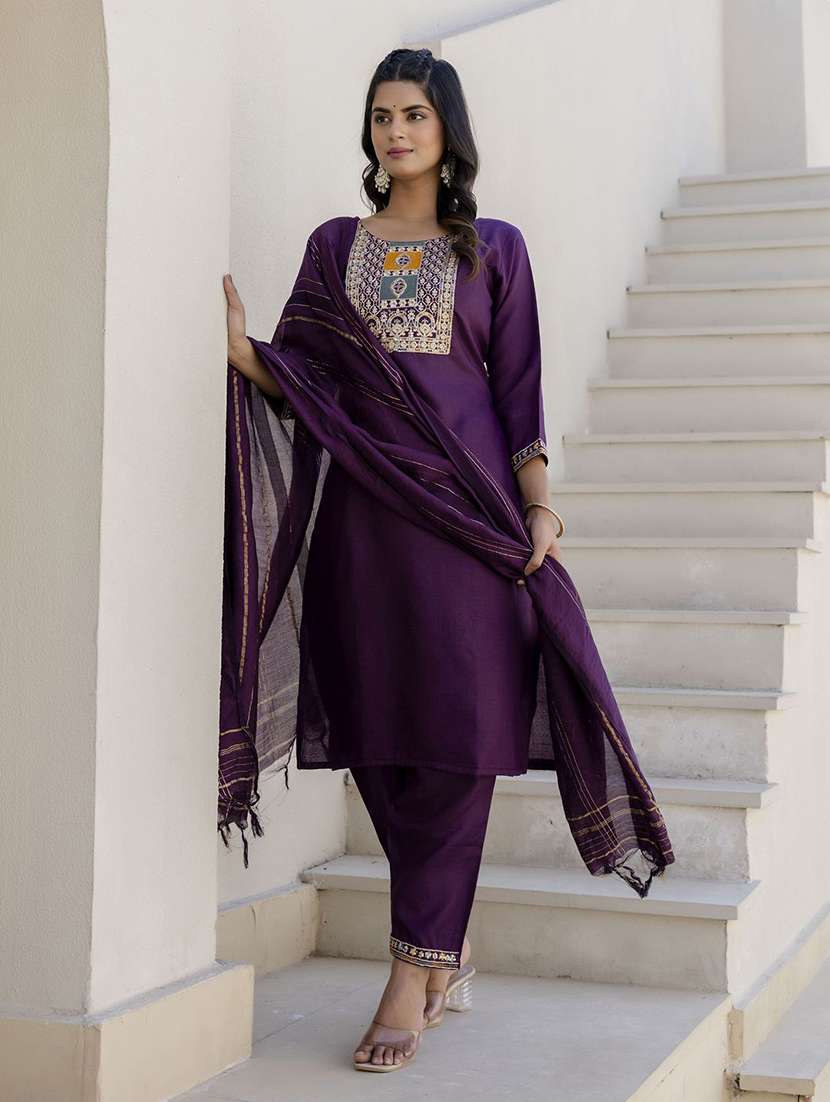 women solid with work three quarter sleeve kurta pant with dupatta set - 22440285 -  Standard Image - 2