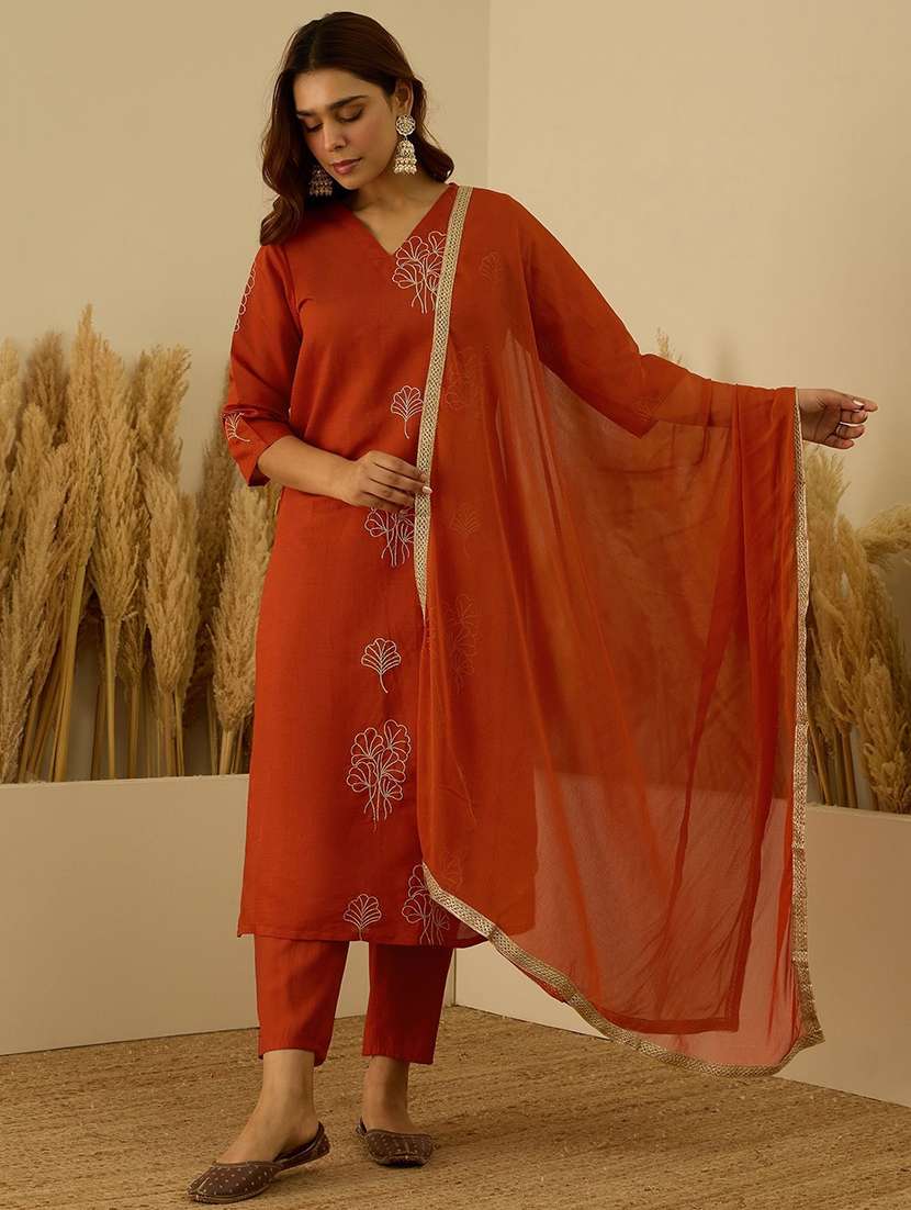 Women Self Design Orange Kurta Dupatta Set - 22440385 -  Standard Image - 2