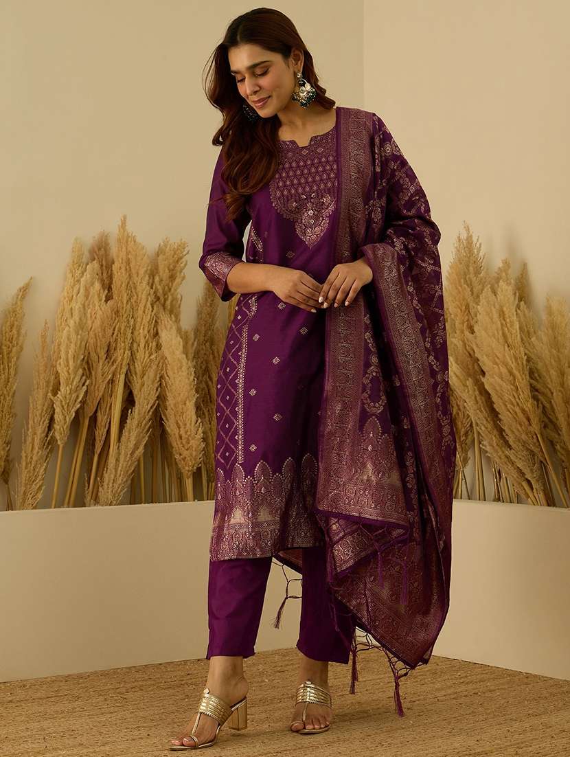 women self design three quarter sleeve kurta pant with dupatta set