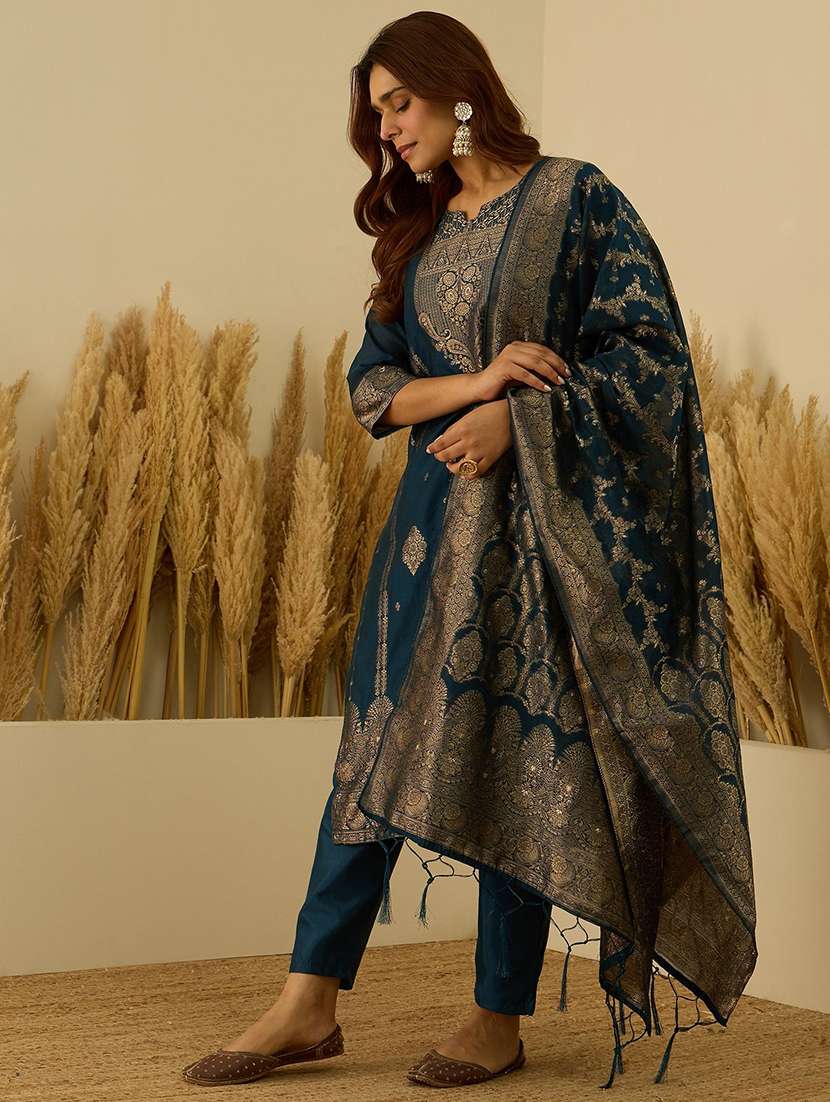 women self design blue kurta dupatta set - 22440388 -  Standard Image - 2
