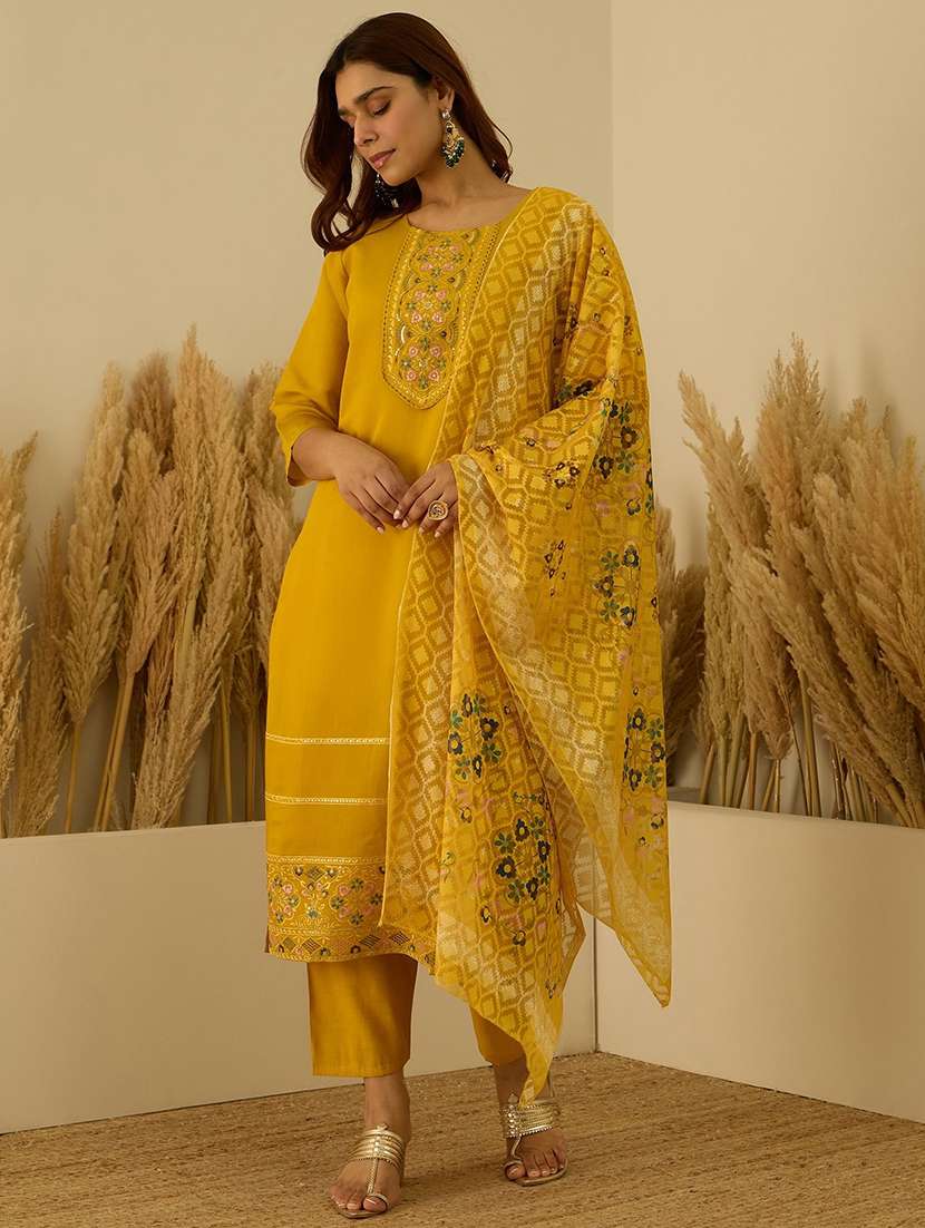 women self design yellow kurta dupatta set - 22440395 -  Standard Image - 2