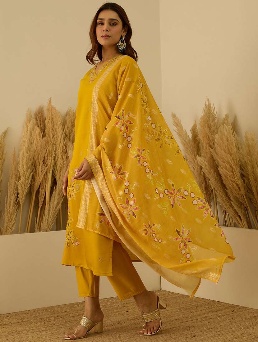 women self design yellow kurta dupatta set - 22440398 -  Standard Image - 2