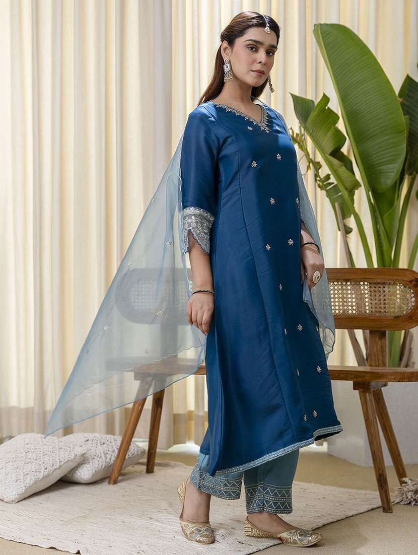 women self design blue kurta dupatta set - 22440406 -  Standard Image - 2