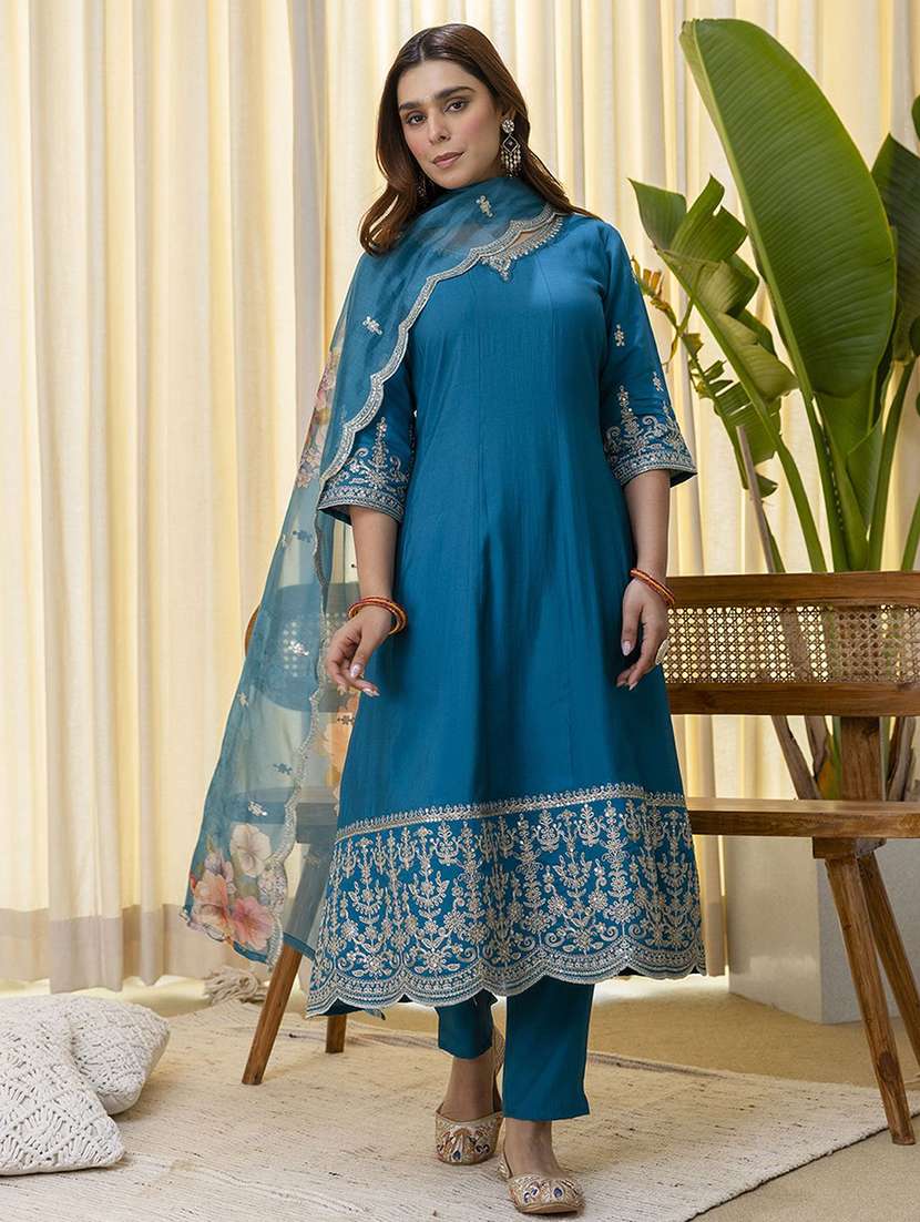 women self design blue kurta dupatta set - 22440414 -  Standard Image - 2