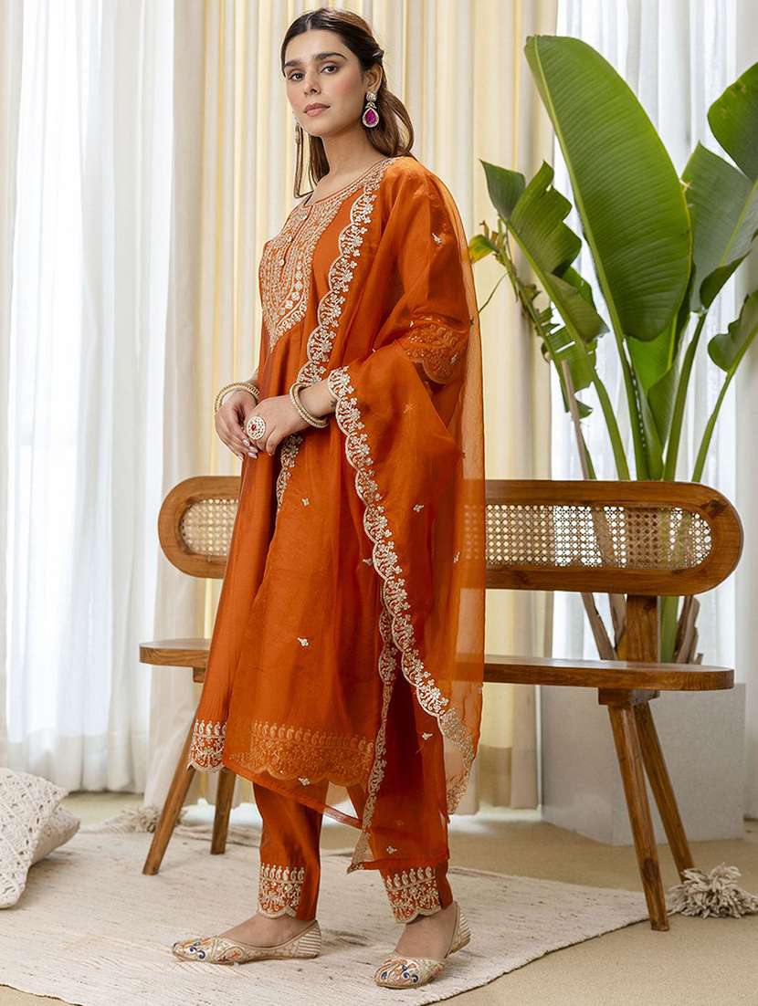 women self design orange kurta dupatta set - 22440417 -  Standard Image - 2