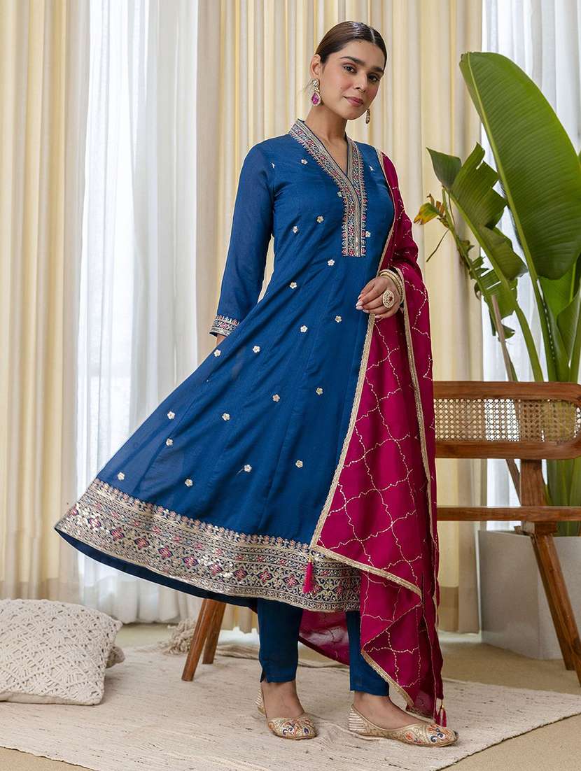 women self design blue kurta dupatta set - 22440422 -  Standard Image - 2