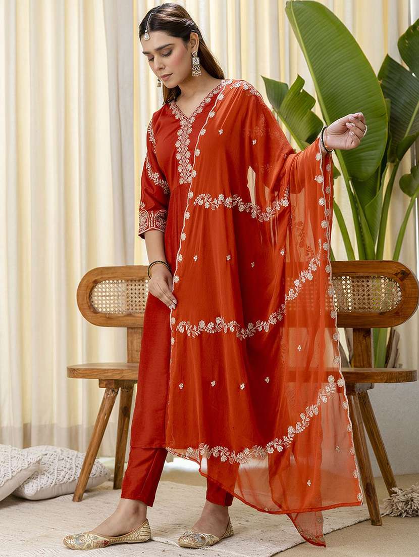 women self design orange kurta dupatta set - 22440428 -  Standard Image - 2