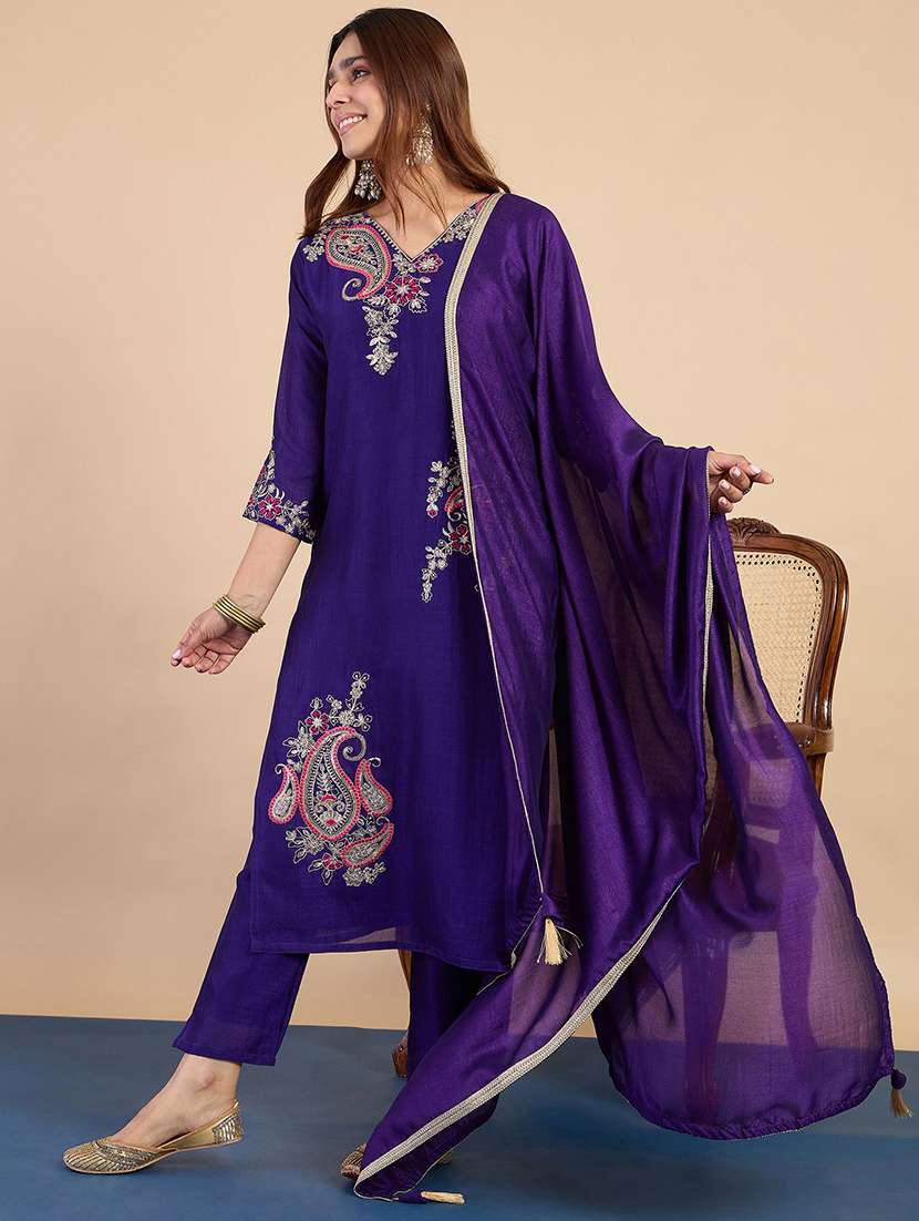 Women Solid With Work Three Quarter Sleeve Kurta Pant With Dupatta Set - 22440429 -  Standard Image - 2