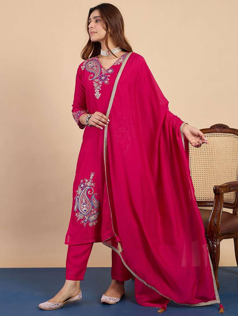 Women Solid With Work Three Quarter Sleeve Kurta Pant With Dupatta Set - 22440430 -  Standard Image - 2