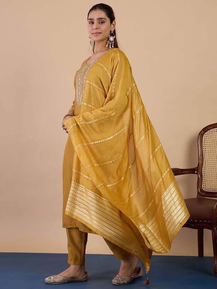 women solid with work three quarter sleeve kurta pant with dupatta set - 22440432 -  Standard Image - 2