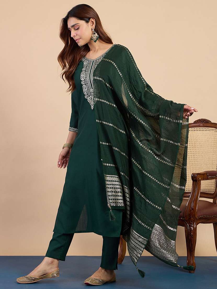 women solid with work three quarter sleeve kurta pant with dupatta set - 22440436 -  Standard Image - 2