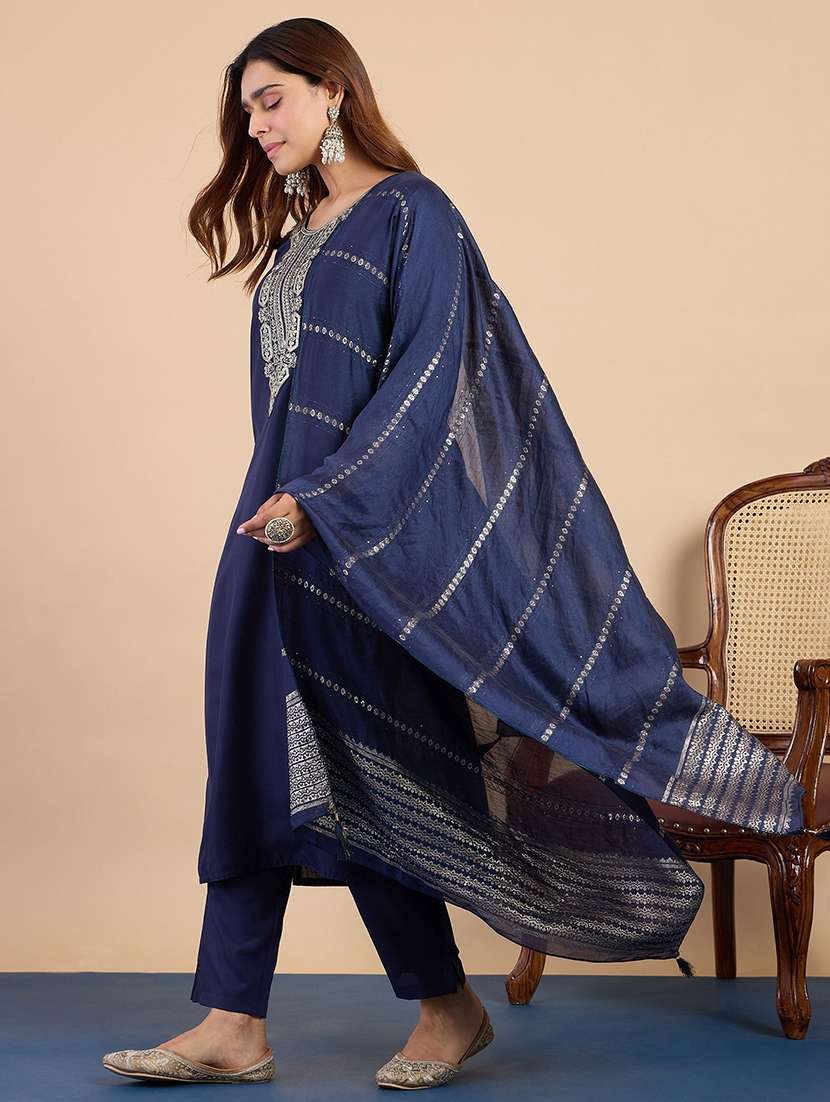 women solid with work three quarter sleeve kurta pant with dupatta set - 22440437 -  Standard Image - 2