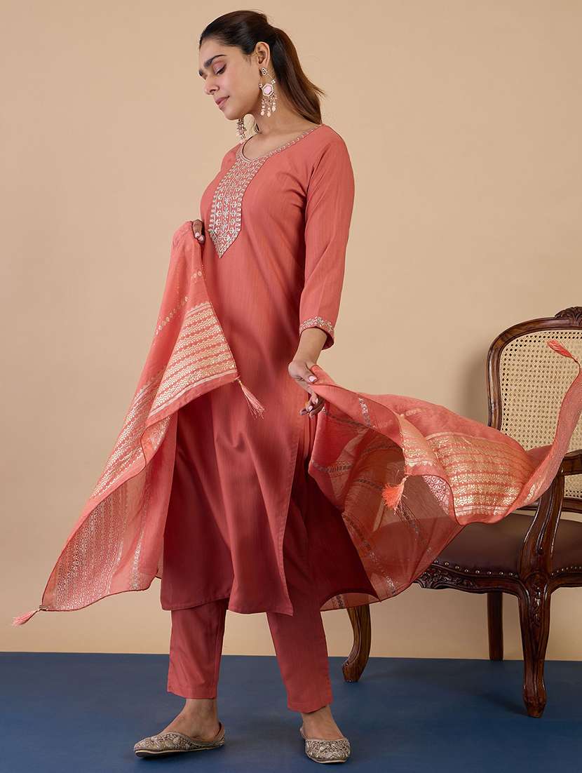 women solid with work three quarter sleeve kurta pant with dupatta set - 22440441 -  Standard Image - 2