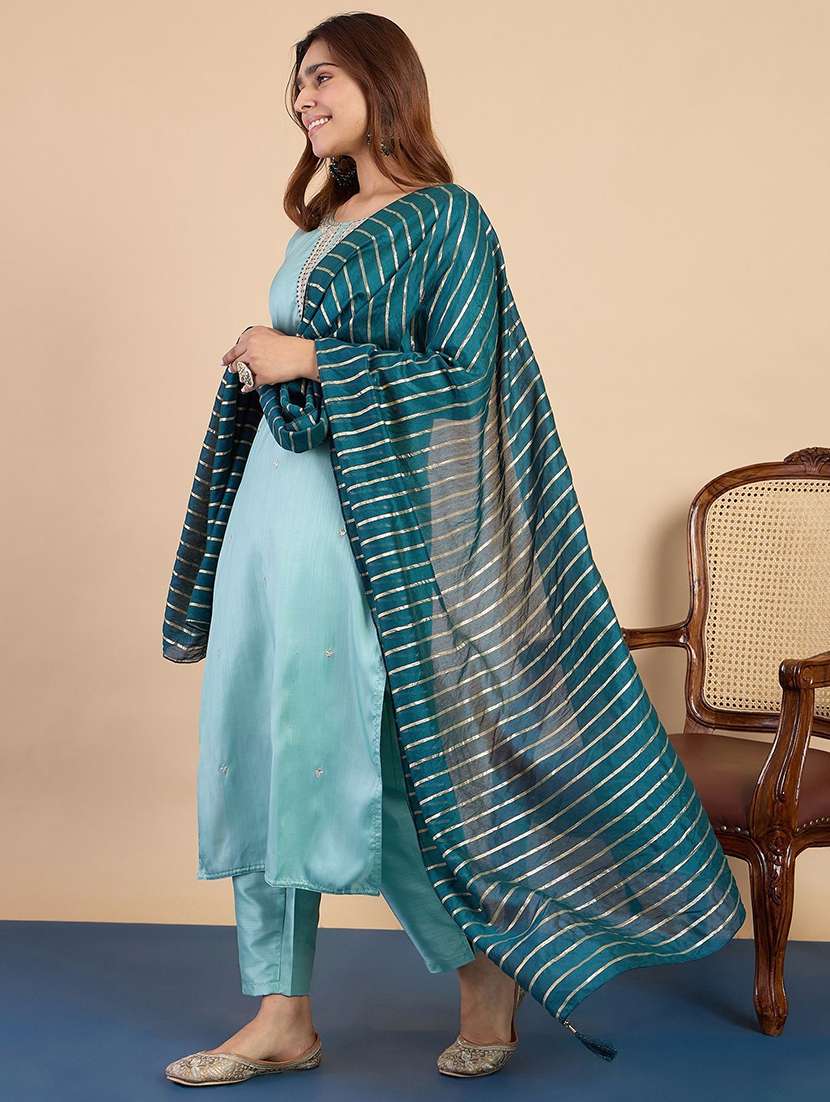 women self design light blue kurta dupatta set - 22440455 -  Standard Image - 2