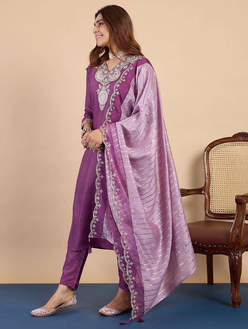 women self design purple kurta dupatta set - 22440469 -  Standard Image - 2