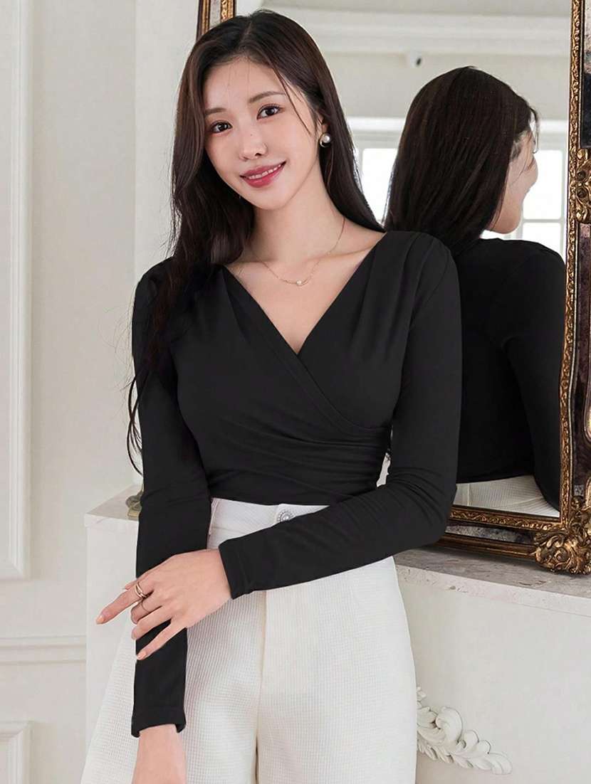 women solid long sleeve slim fit top - 22440714 -  Standard Image - 2