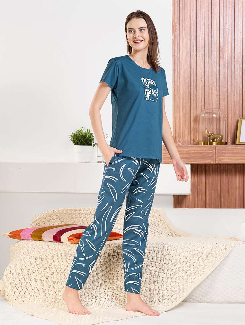 women blue printed  cotton pyjama set nightwear set - 22440725 -  Standard Image - 2