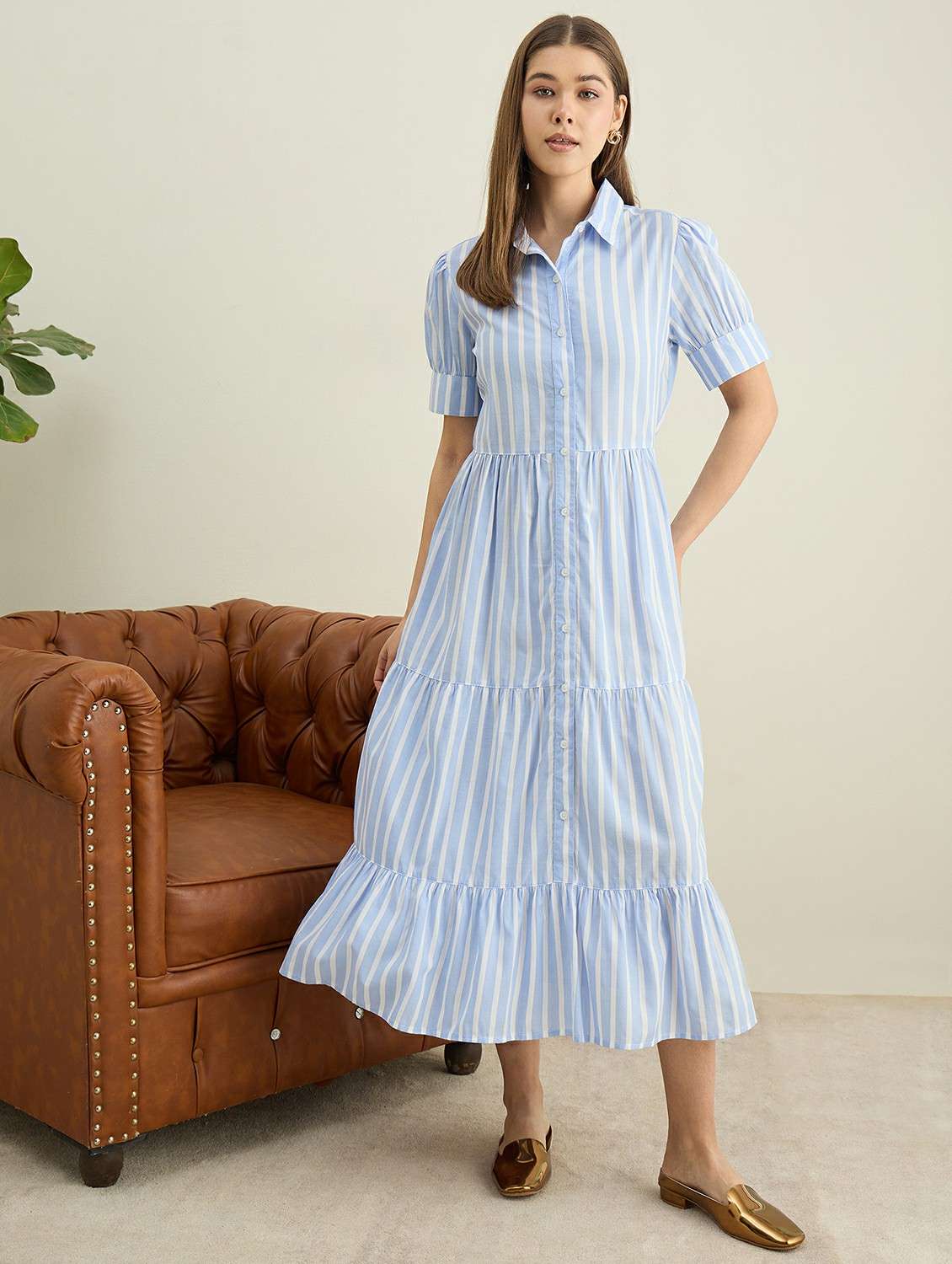 women blue striped cotton tiered shirt dress - 22440829 -  Standard Image - 2
