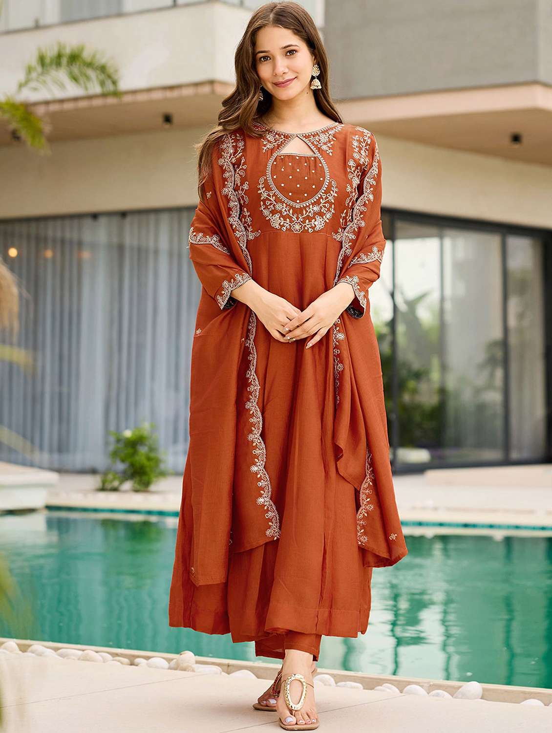 women solid with work long sleeve kurta pant with dupatta set - 22440833 -  Standard Image - 2