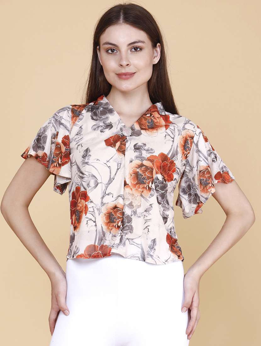 women printed v neck flared sleeves top - 22440971 -  Standard Image - 2