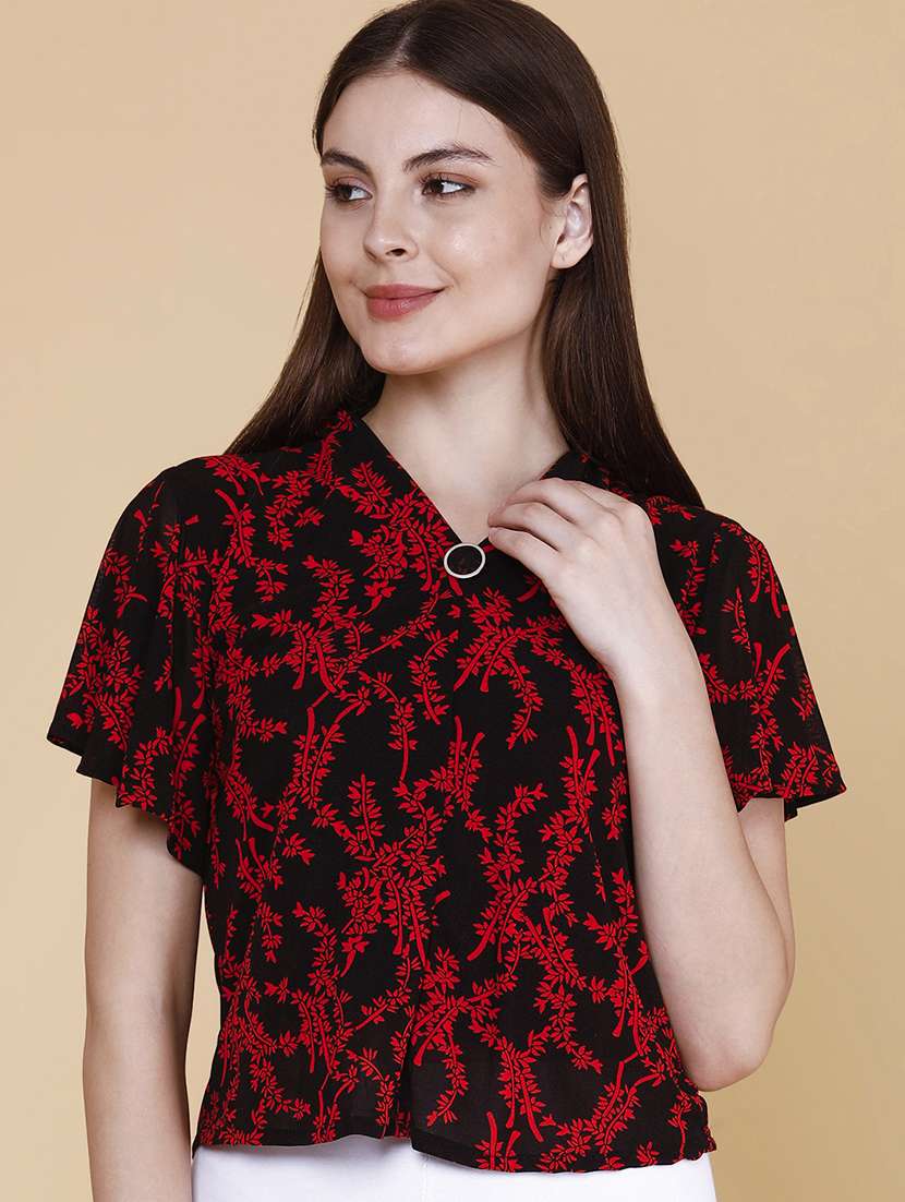 women printed v neck flared sleeves top - 22440973 -  Standard Image - 2