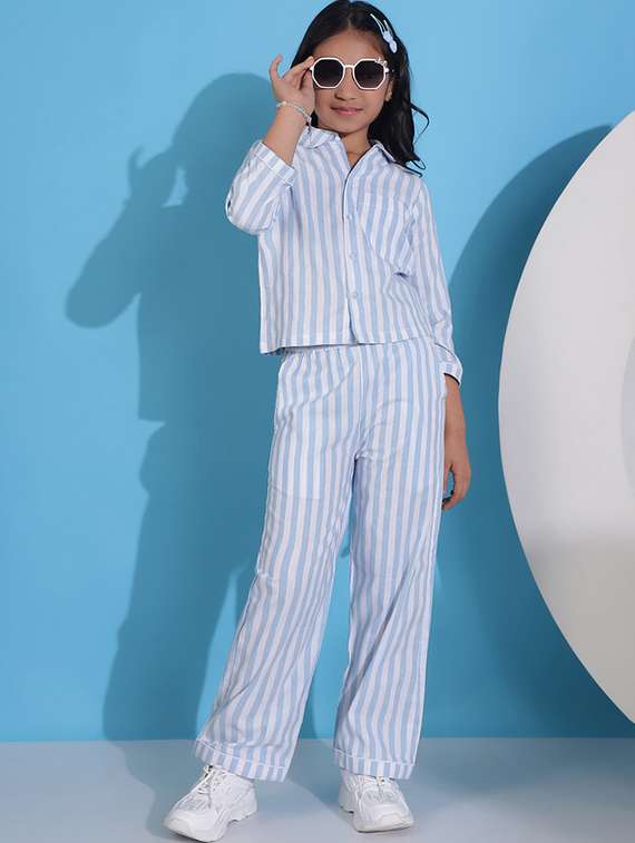 girls multi colored cotton top & trouser co-ord set