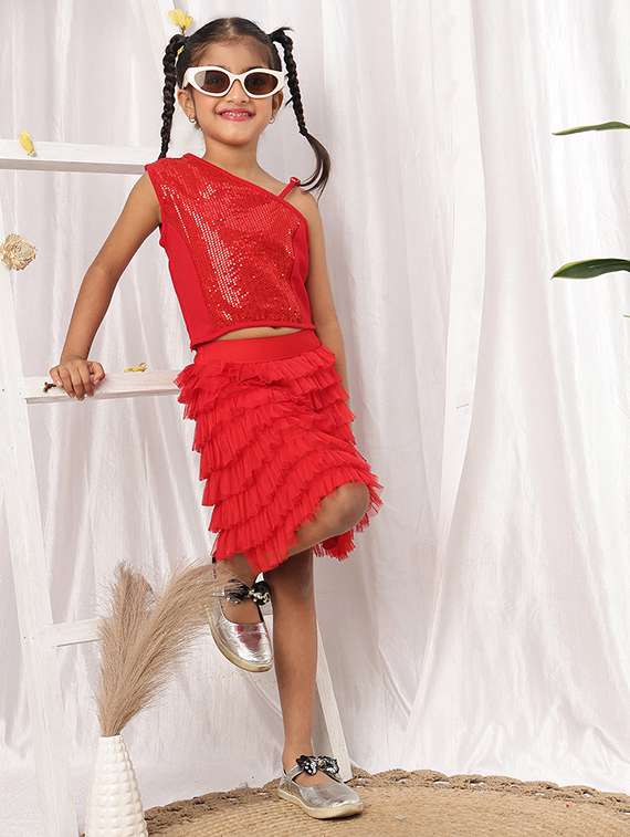 Girls Red Polyester Skirt & Top Set Co-ord Set - 22441091 -  Standard Image - 2