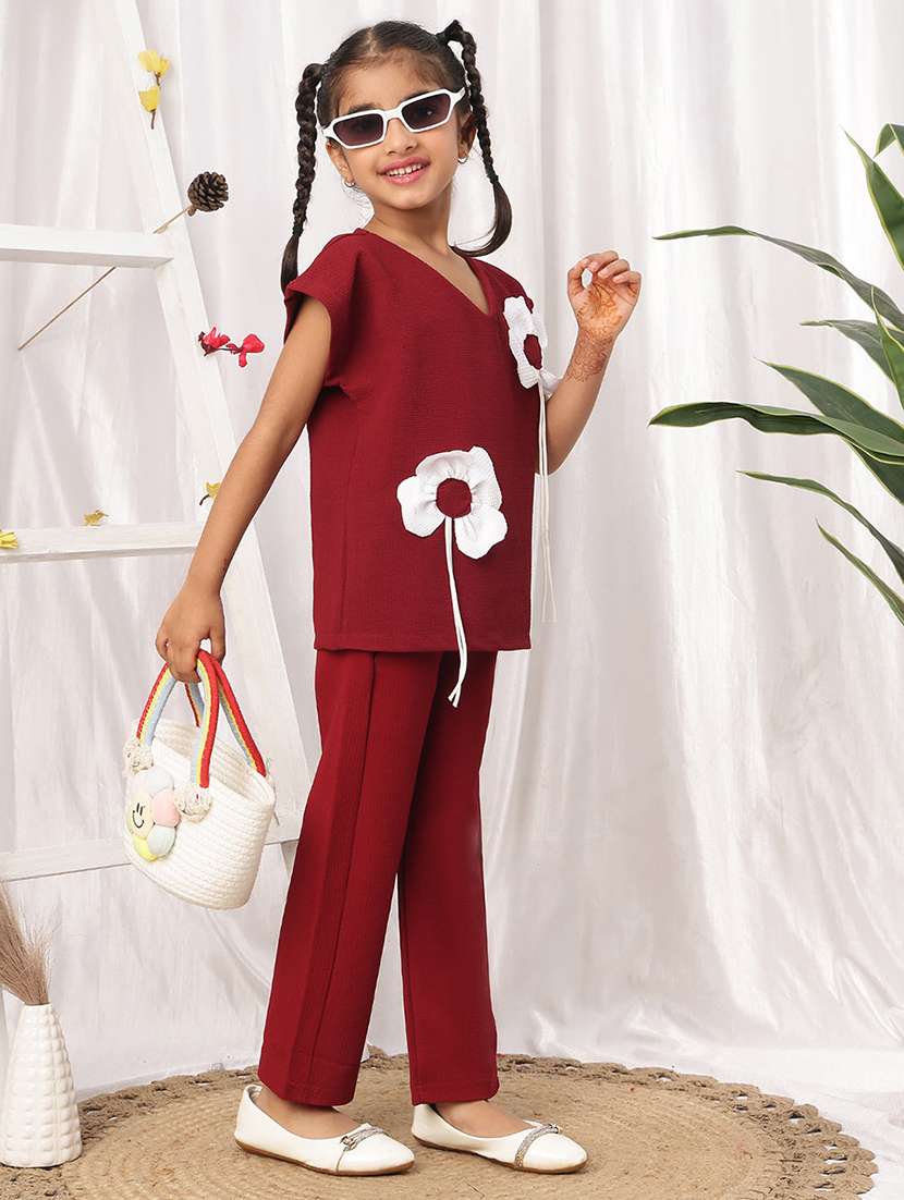 girls printed maroon polyester top & trouser co-ord set - 22441101 -  Standard Image - 2
