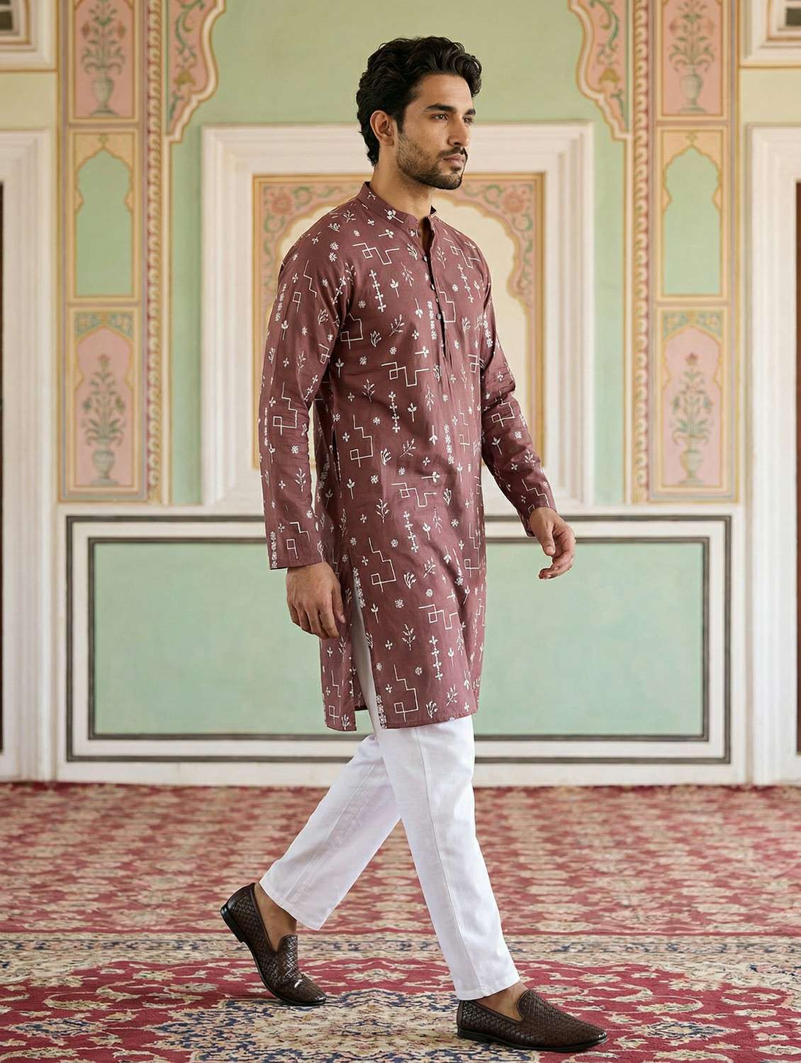 men solid with work mandarin neck kurta pyjama set - 22441993 -  Standard Image - 2