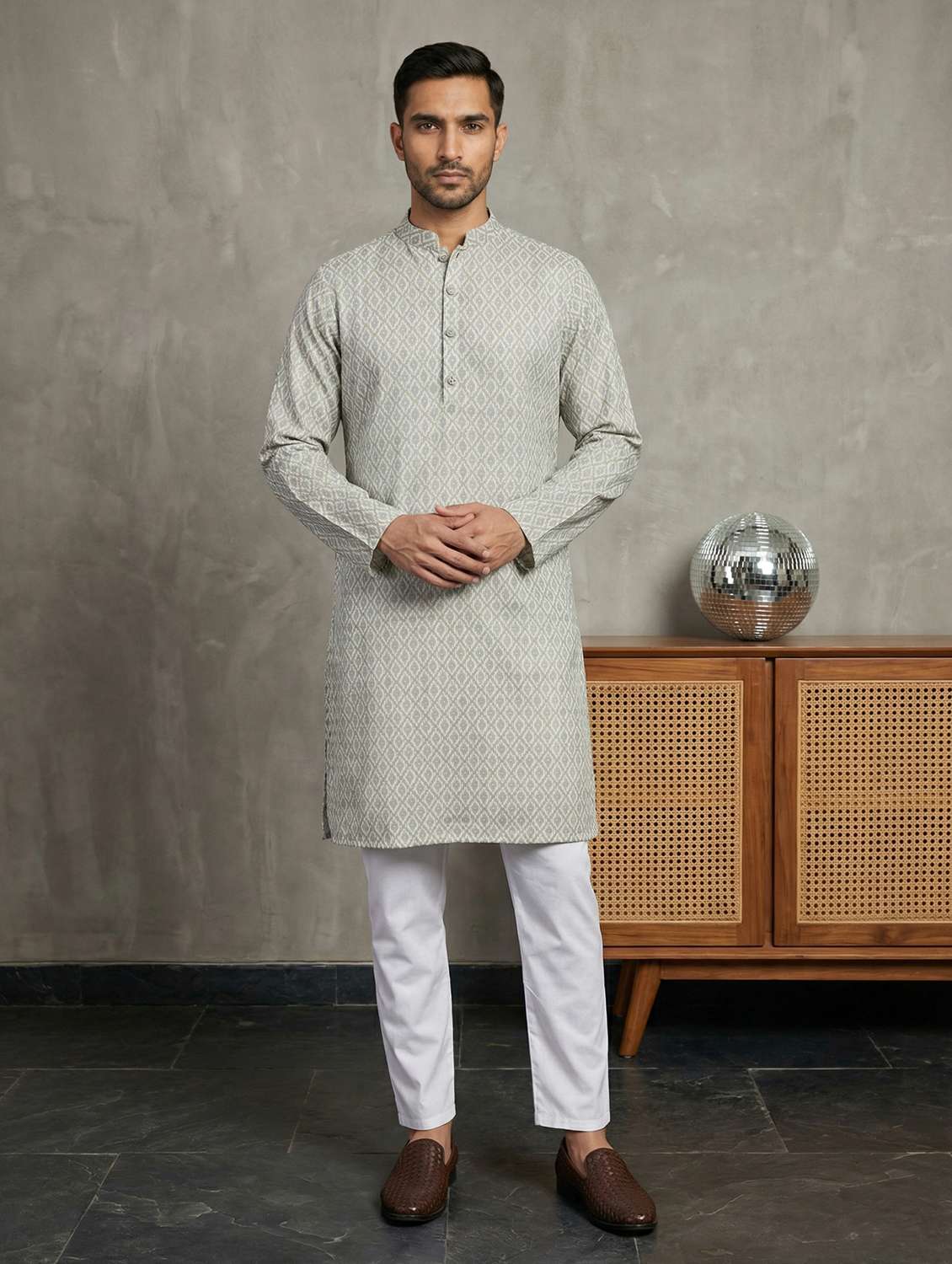 men printed mandarin neck kurta pyjama set - 22442003 -  Standard Image - 2