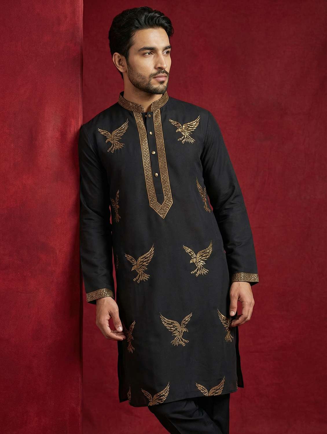 black silk blend kurta pyjama ethnic wear set