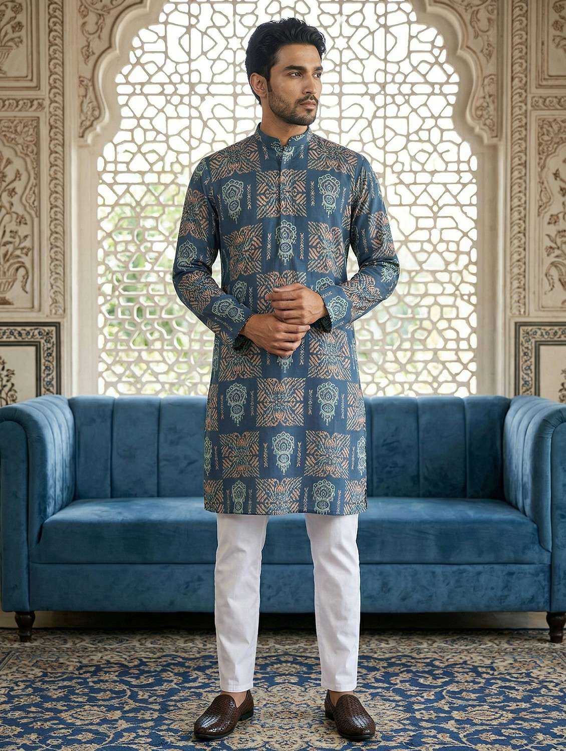 men printed mandarin neck kurta pyjama set - 22442067 -  Standard Image - 2