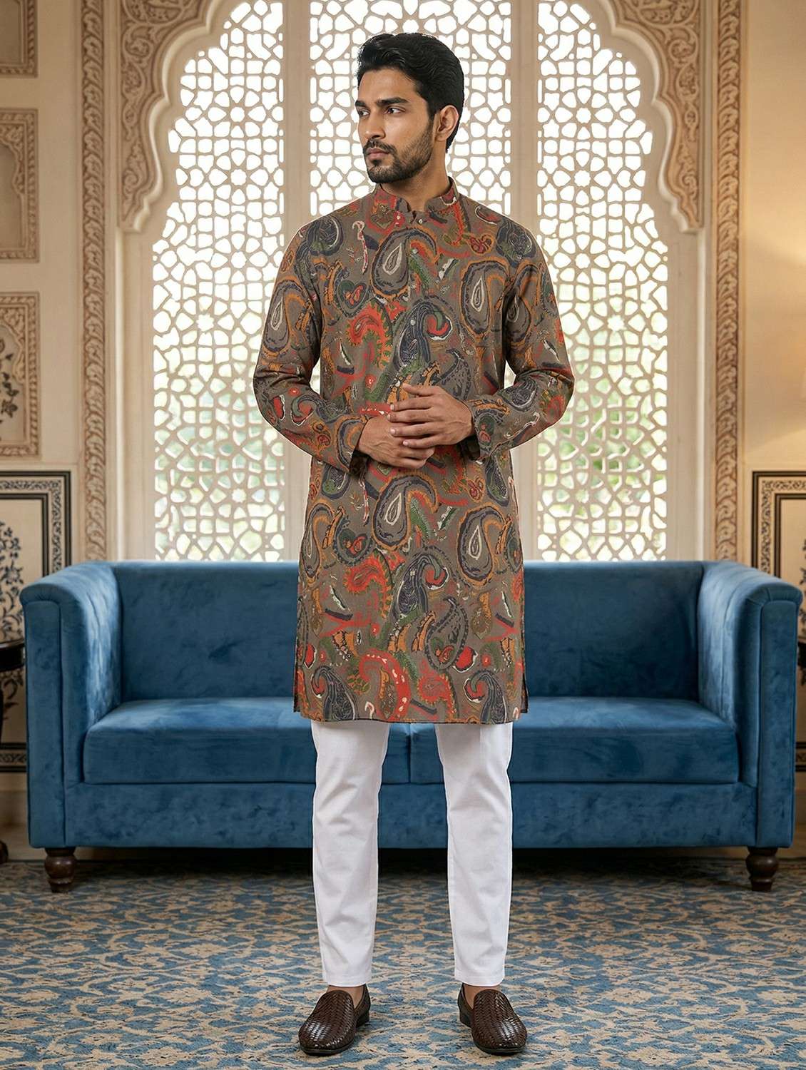 men printed mandarin neck kurta pyjama set - 22442068 -  Standard Image - 2