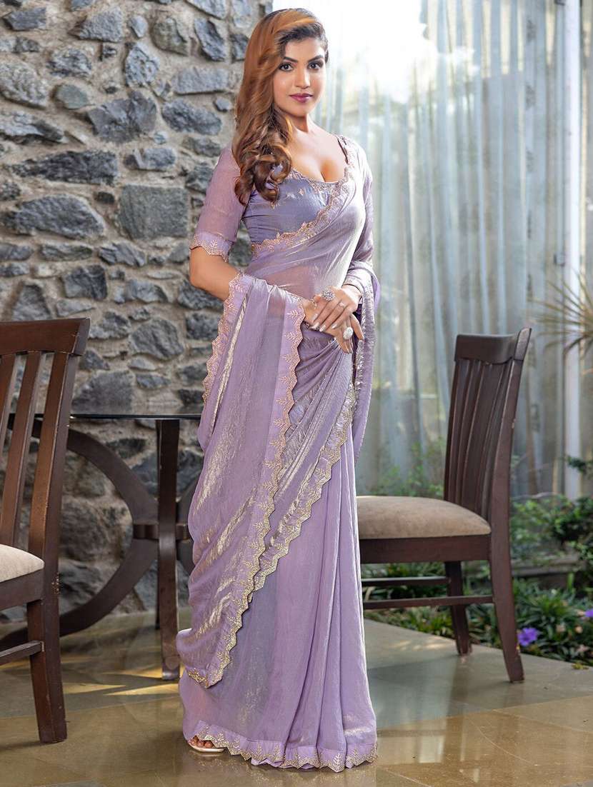 women solid with embellished bordered saree - 22442428 -  Standard Image - 2