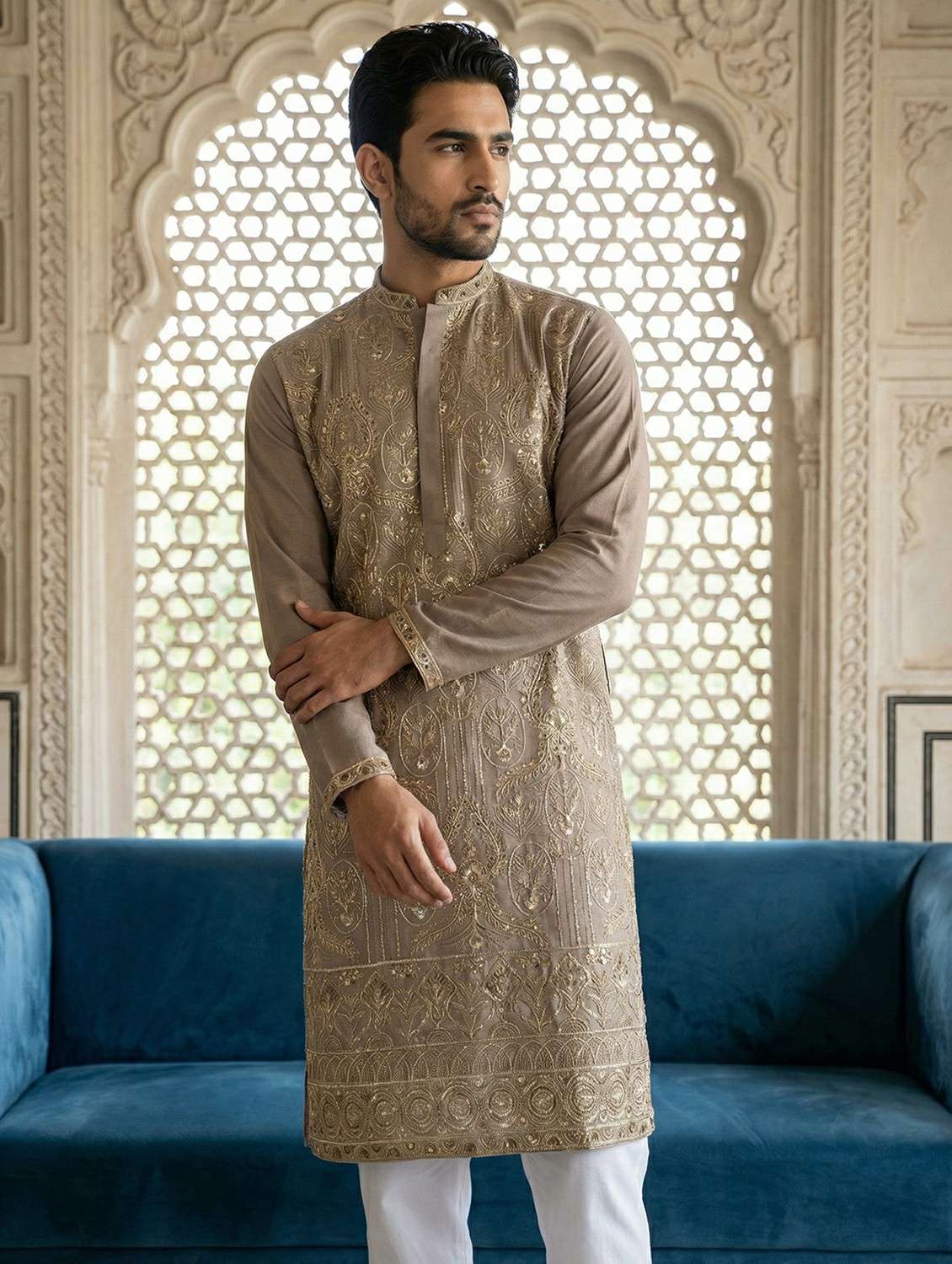 men solid with work mandarin neck long kurta - 22442817 -  Standard Image - 2