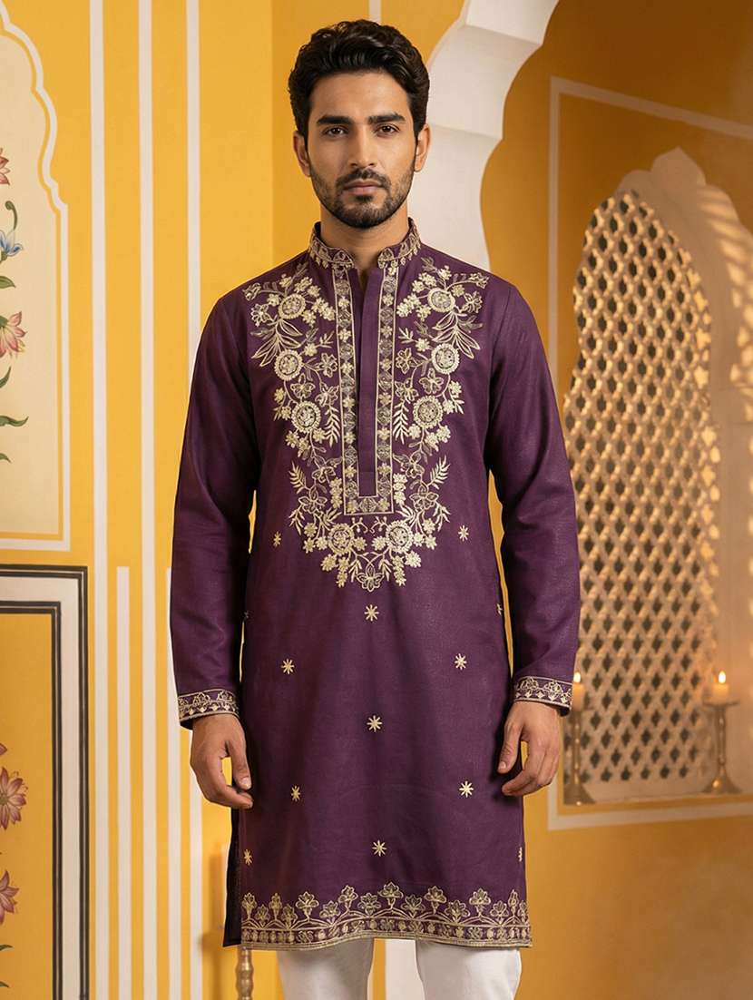 men solid with work mandarin neck long kurta - 22442819 -  Standard Image - 2