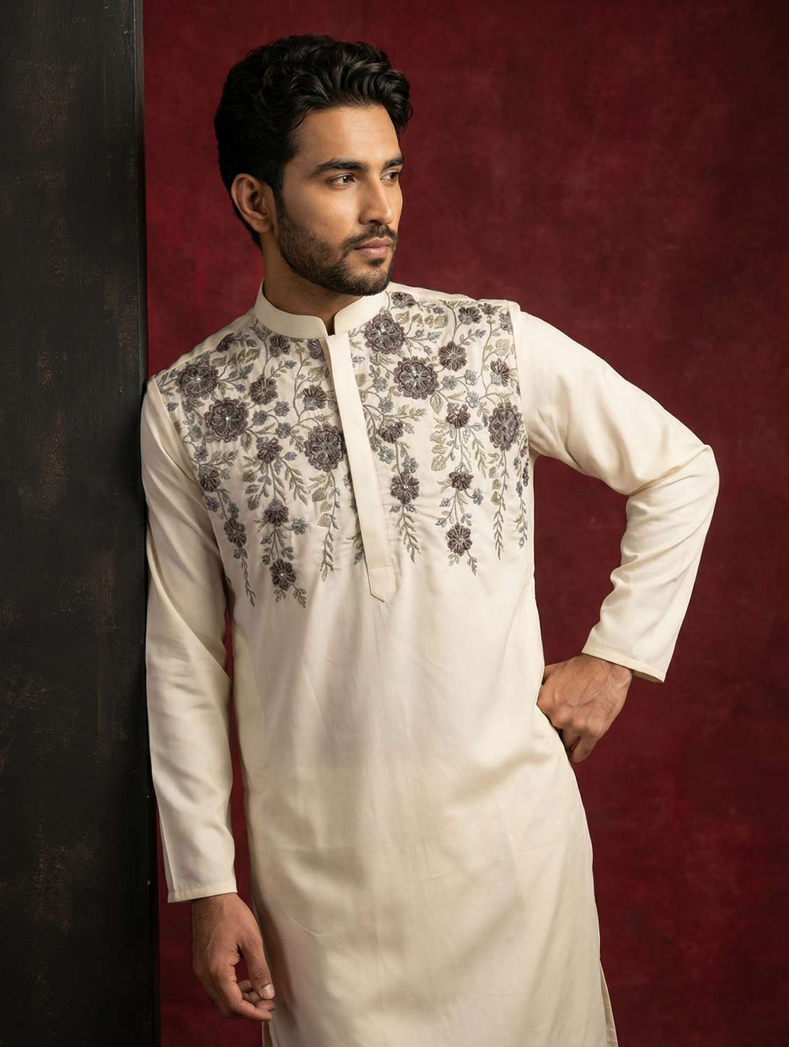 men solid with work mandarin neck long kurta - 22442823 -  Standard Image - 2