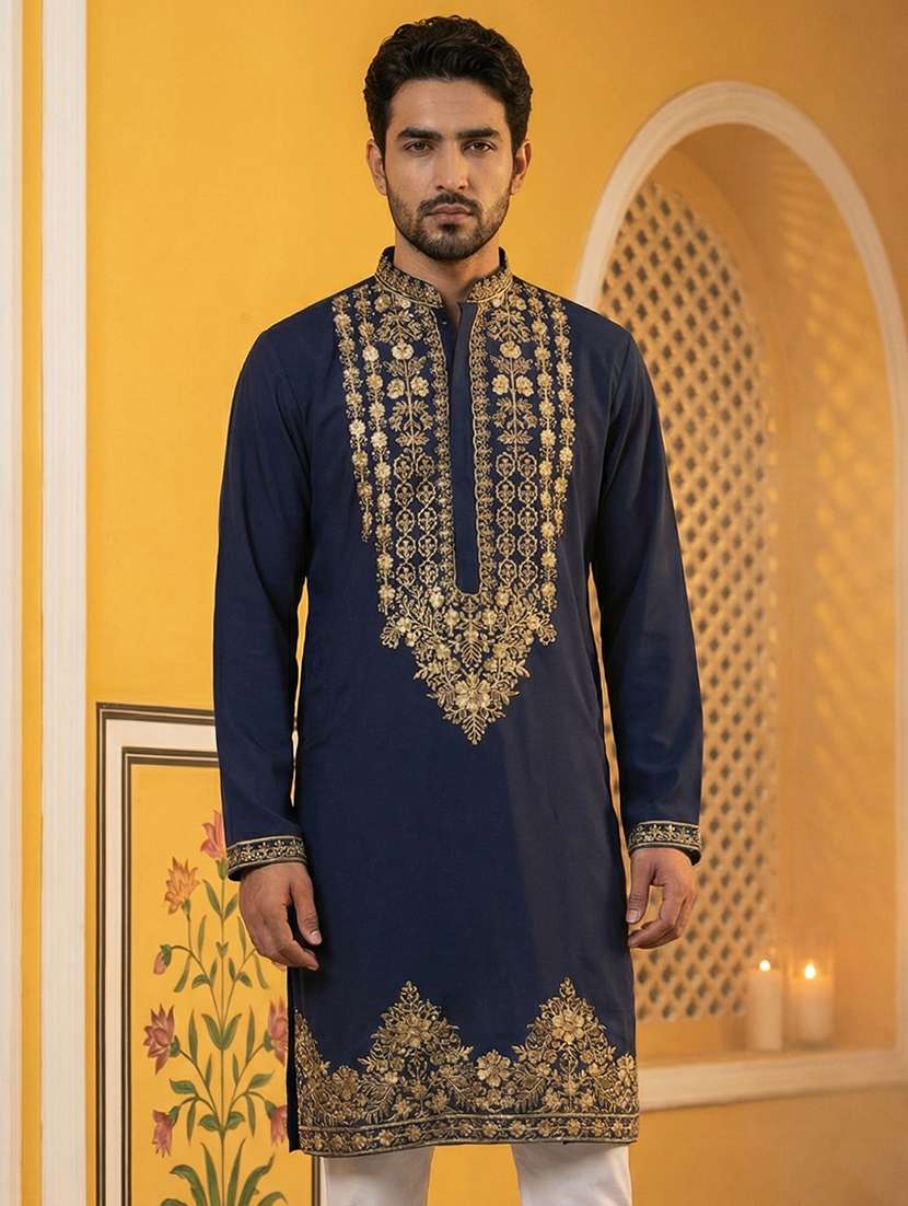 men solid with work mandarin neck long kurta - 22442824 -  Standard Image - 2