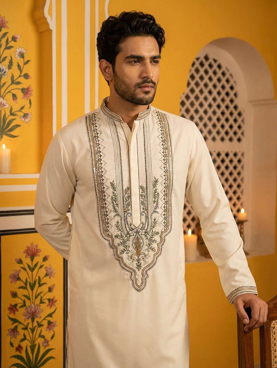 men solid with work mandarin neck long kurta - 22442834 -  Standard Image - 2