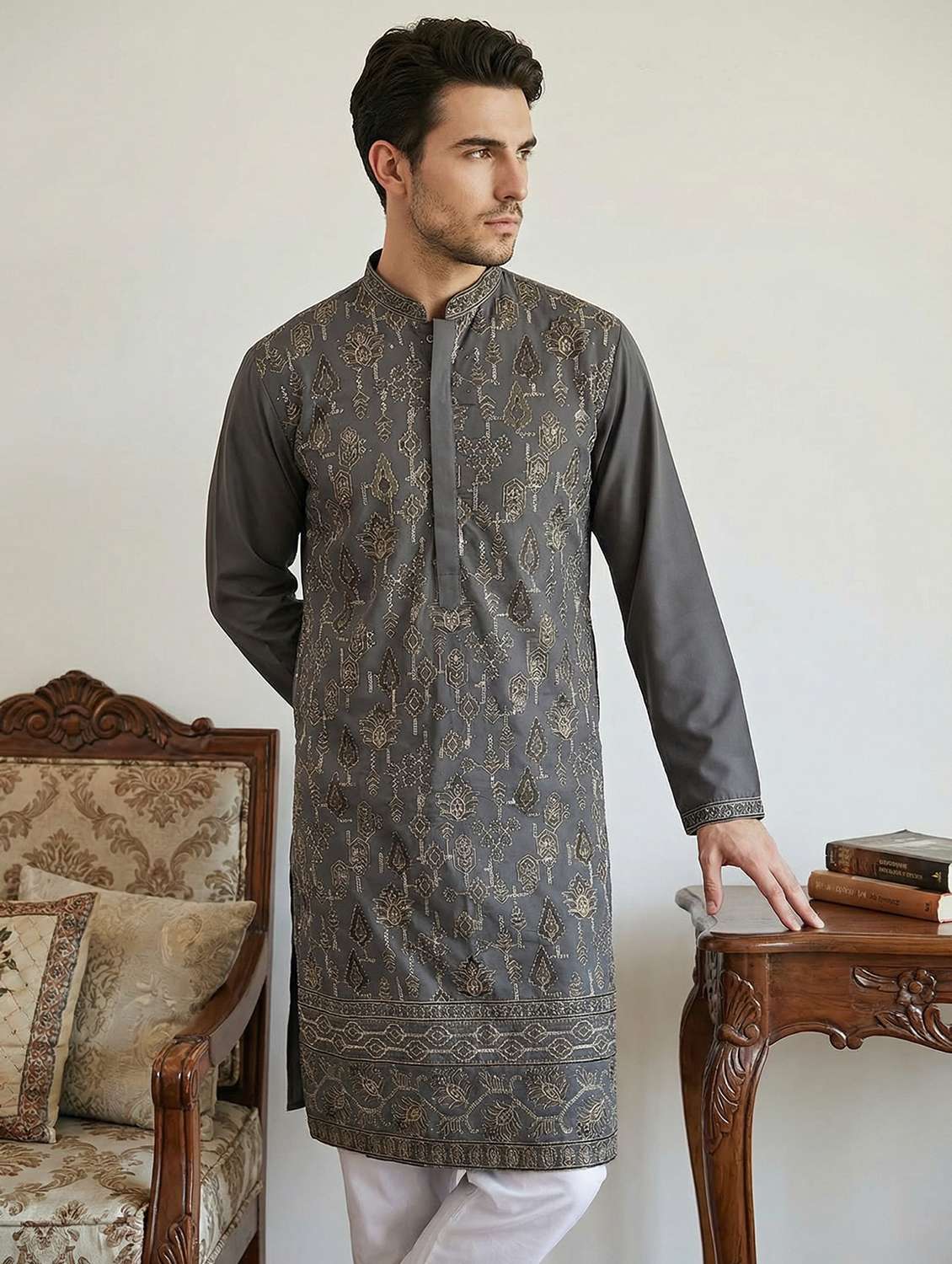 men solid with work mandarin neck long kurta - 22442849 -  Standard Image - 2