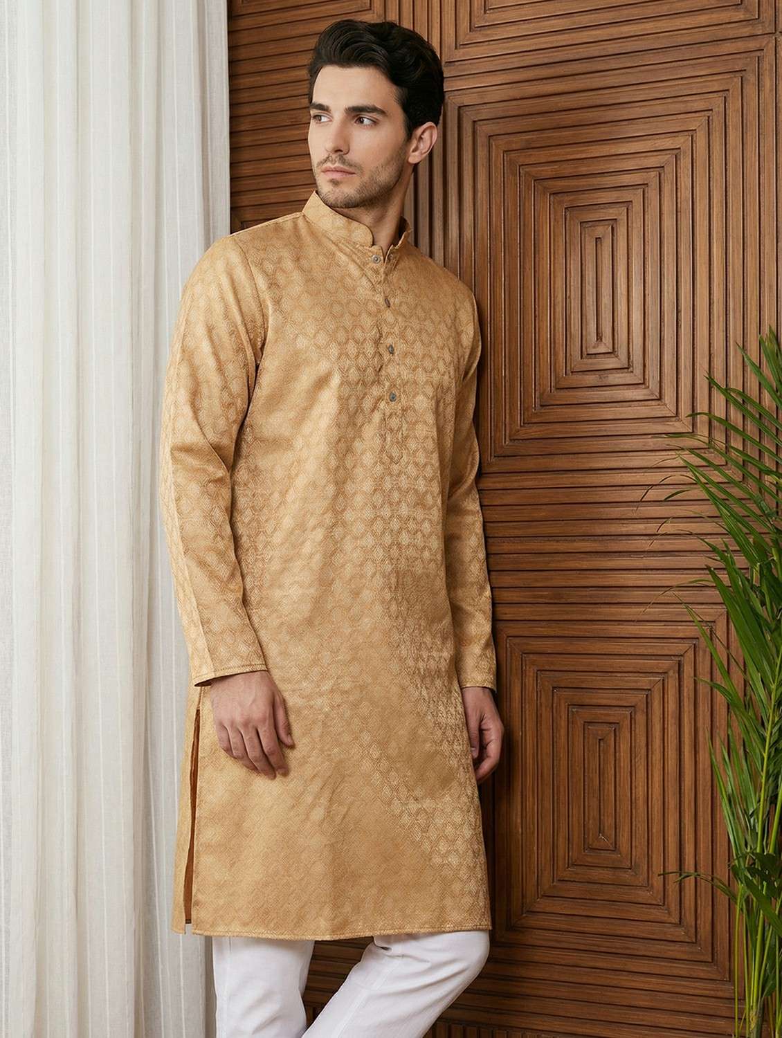 men self design mandarin neck long kurta - 22442854 -  Standard Image - 2